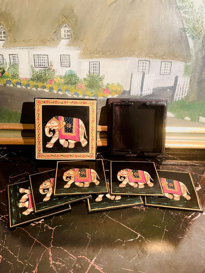 Hand-Painted Elephant Coaster Set (6 pcs with Box) — Rajasthani Art Style