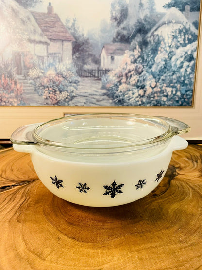 Vintage Pyrex Gaiety Casserole Dish with Stand Snowflake- Box Packed