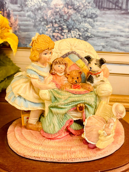 Vintage Leonardo Collection Figurine – Girl with Doll, Teddy & Dog Scene on Wooden Base