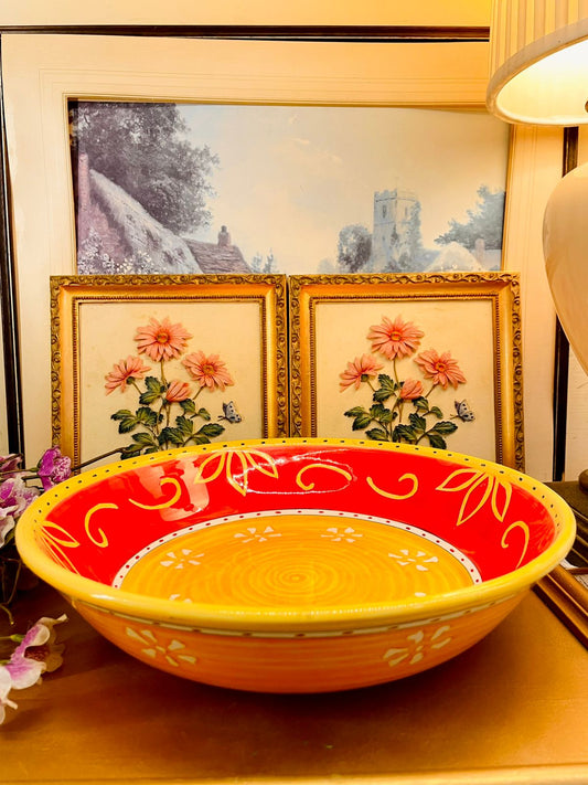 Vintage Hand-Painted Red Yellow Extra Large  Bowl