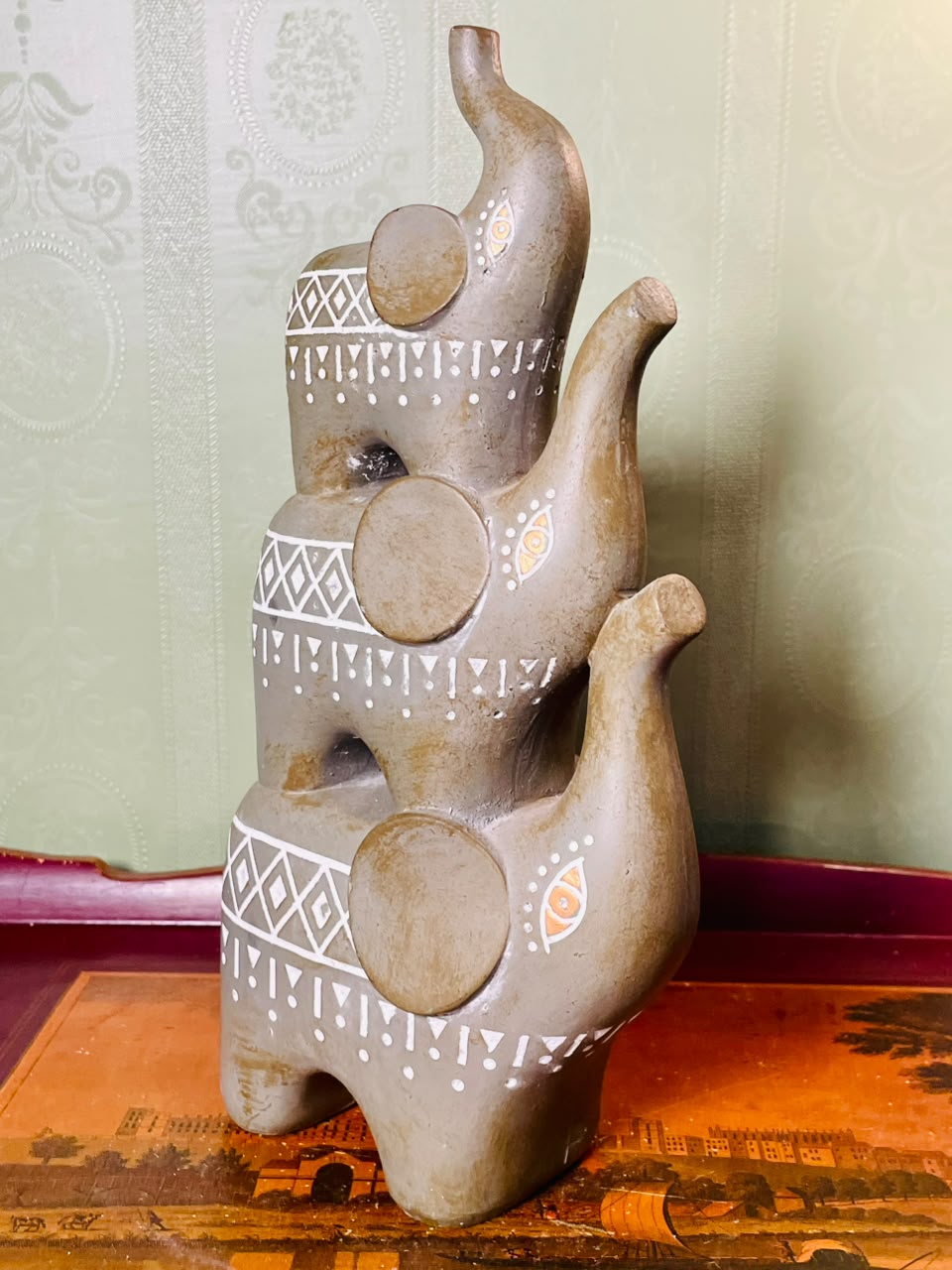 Vintage Hand Carved Tribal Elephant Family Sculpture 12 Inch