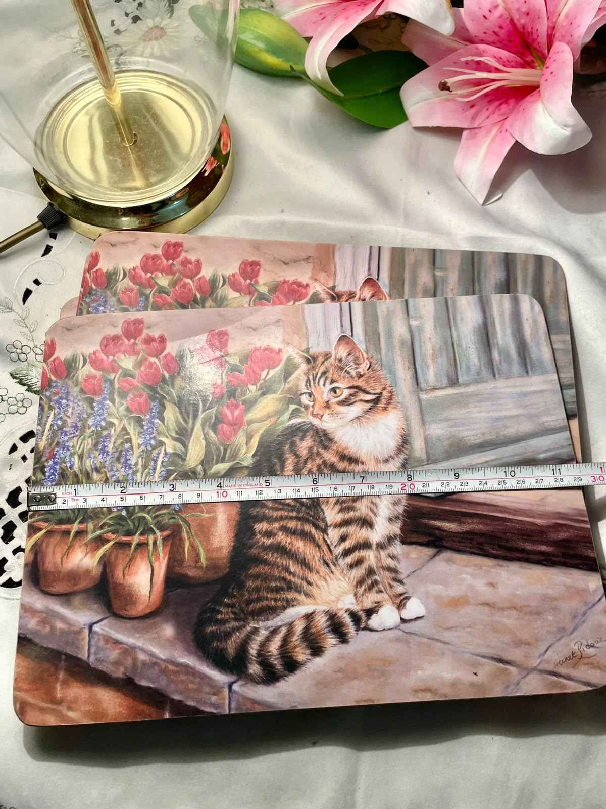 Vintage Cat & Tulip Placemats 6-Piece Set 12 in