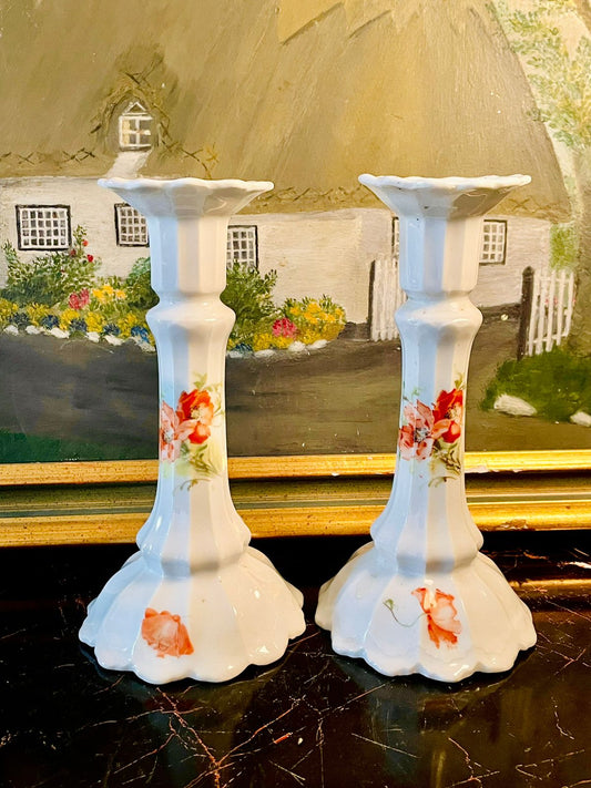 Pair of Vintage Porcelain Floral Candlestick Holders – Hand Painted White & Red Rose Design