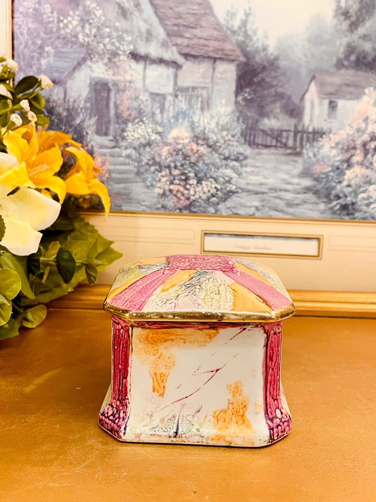 Vintage Hand Painted Ceramic Trinket Box Square Lidded Keepsake Box