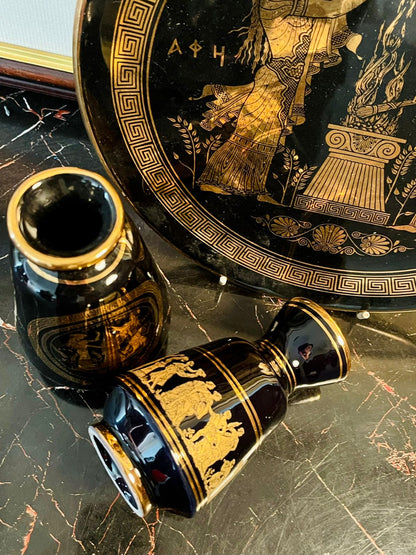Rare find - 24kt Gold Greece Black & Gold Set of Decorative Plate & Vases – Handcrafted Mythological Design - Set of 3 - Home Decor