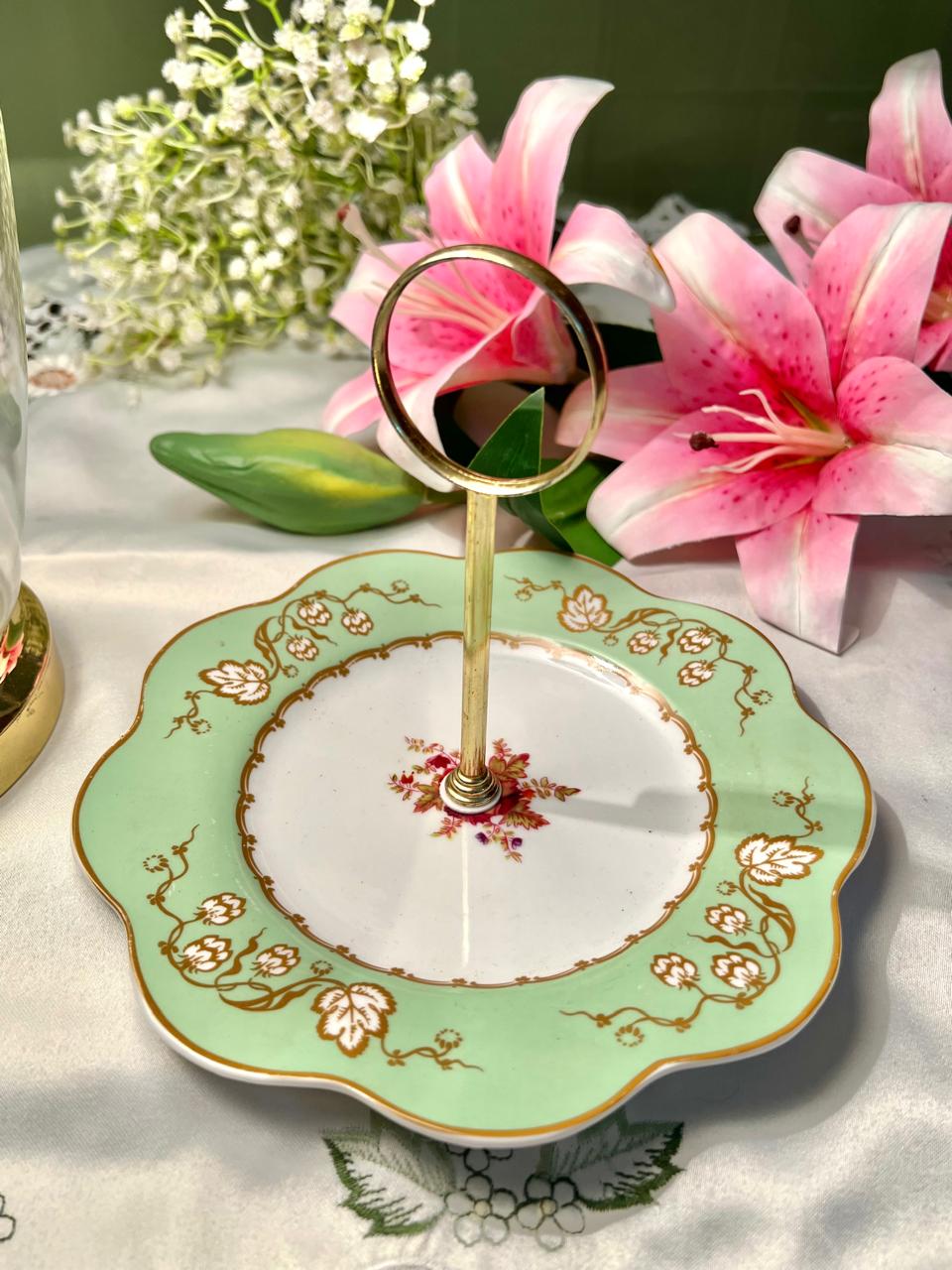 Mint Green Floral Handled Serving Tier Platter 8 in Made in England