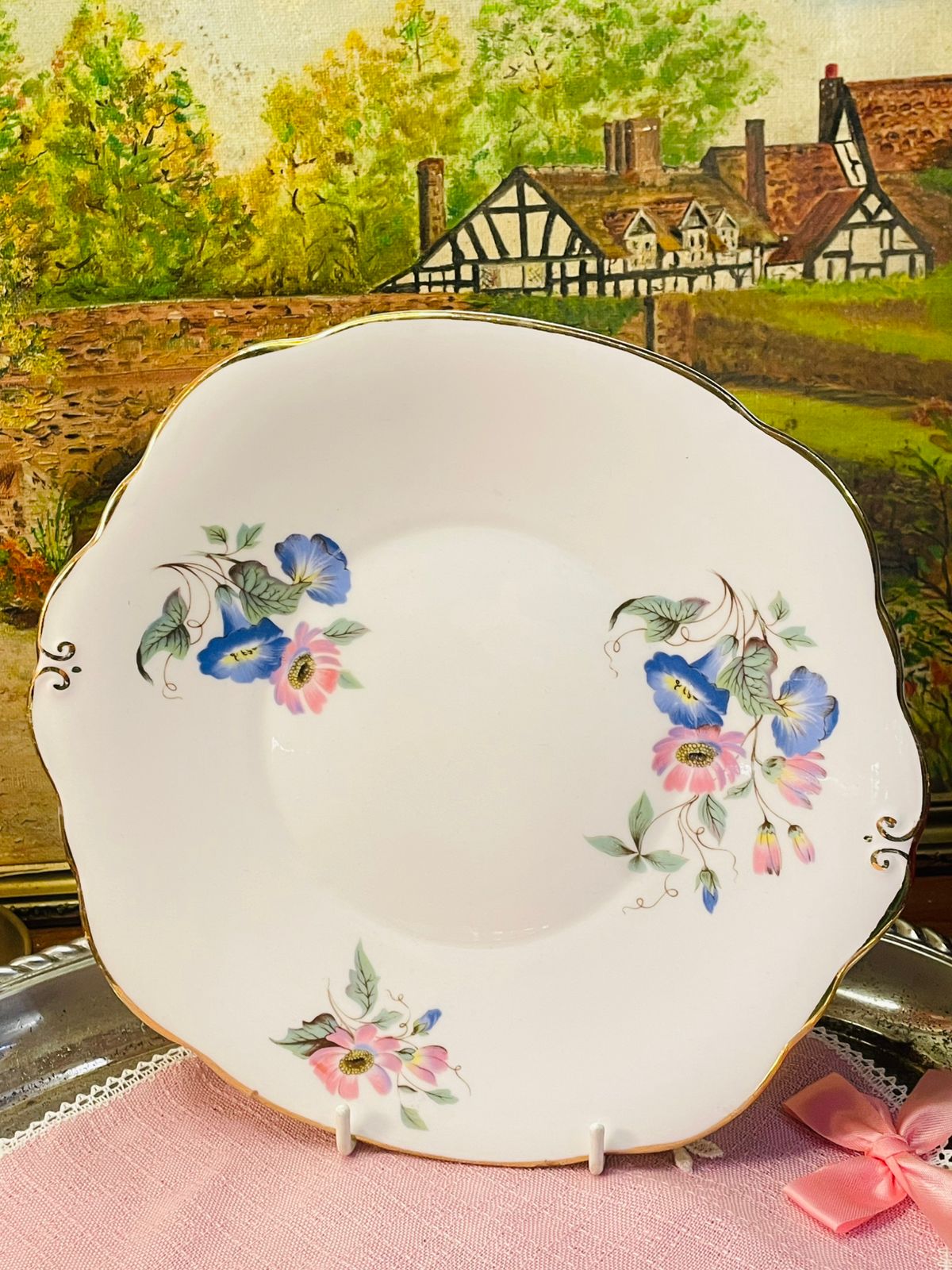 duchess chatsworth platter, thrifted cake platter pakistan, vintage sandwich tray pk, england bone china tray, gold rim platter pakistan, collectible vintage crockery pk, tea party serving tray, duchess bone china pk, antique serving ware pakistan, sustainable vintage tableware

