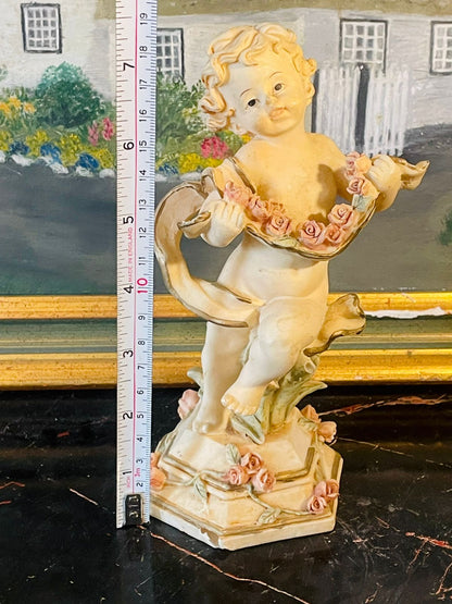 Vintage Porcelain Cherub Figurine with Pink Rose Garland
