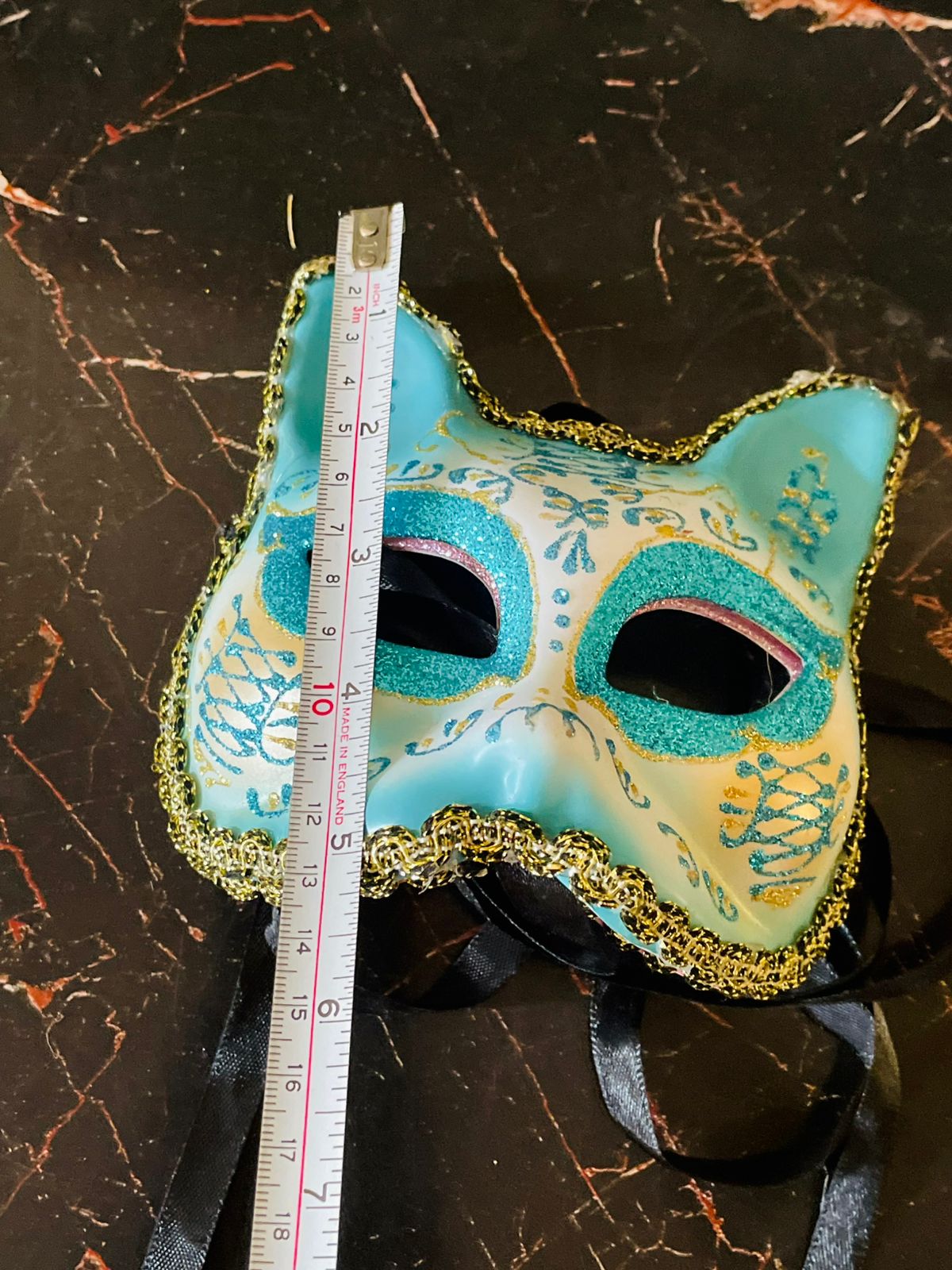 Turquoise Venetian Cat Masquerade Mask – Glitter & Gold Trim