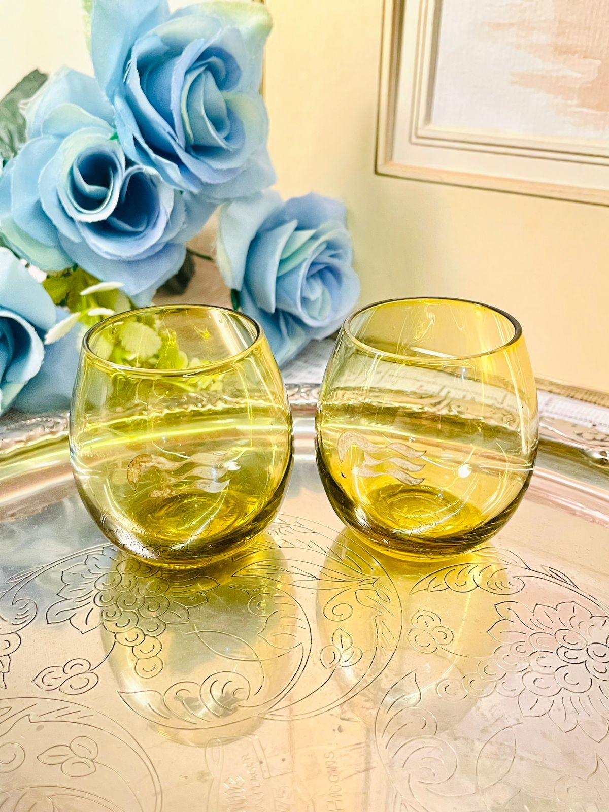 Vintage Coloured Tumbler Glass Set of 6  – Etched Wave