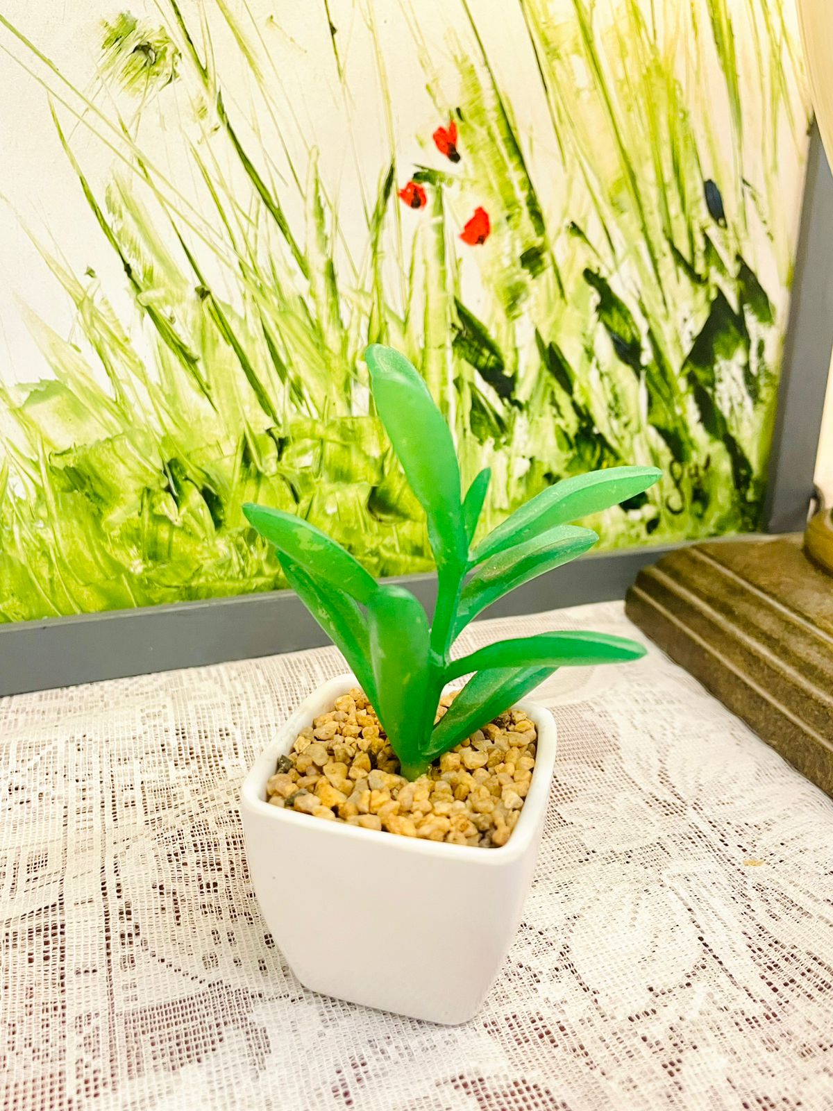 Mini Faux Green Plant in White Pot | Desk Decor