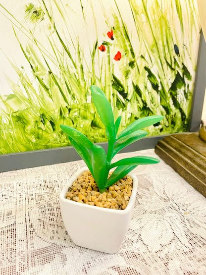 Mini Faux Green Plant in White Pot | Desk Decor