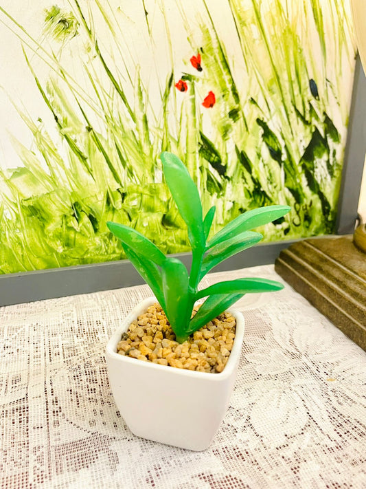 Mini Faux Green Plant in White Pot | Desk Decor