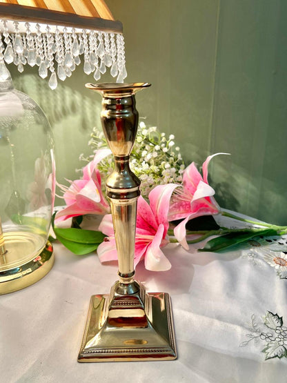 Vintage Brass Candlestick Holder – Tall Square Base Candle Stand – Approx. 24 cm