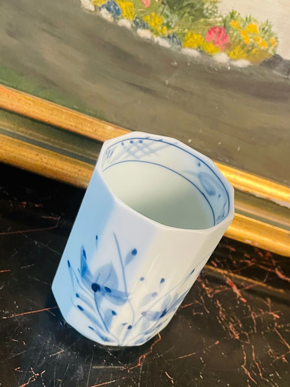 Japanese Blue & White Porcelain Cup ( 9cm )– Hand-Painted Floral Design – Hexagonal Shape. Japan