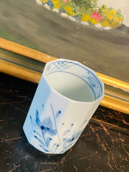 Japanese Blue & White Porcelain Cup ( 9cm )– Hand-Painted Floral Design – Hexagonal Shape. Japan