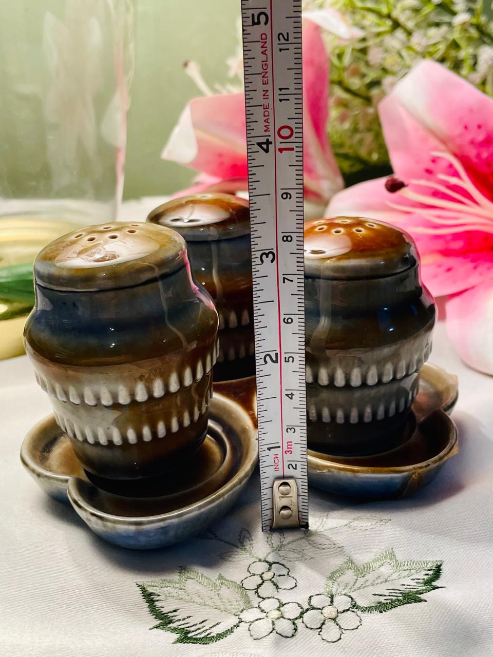 Vintage Ceramic Condiment Shaker Set with Saucers Brown Glaze