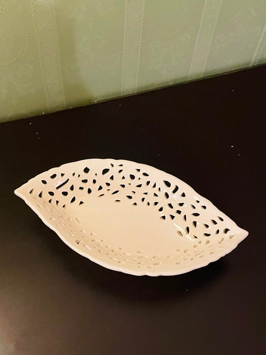 White Pierced Ceramic Leaf Serving Bowl 10 Inch