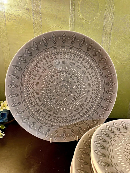 Modern Gray Geometric Dinnerware Set – 9 Piece Ceramic Plate Set with Mandala Pattern