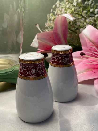 Vintage Porcelain Salt & Pepper Shaker Set Maroon Gold Floral 9 cm