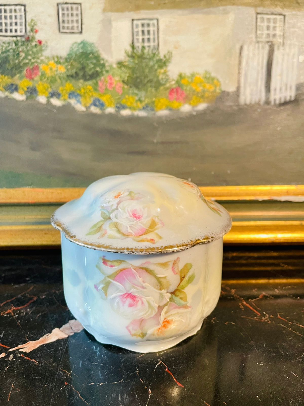 Vintage Porcelain Trinket Jar with Lid – Hand-Painted Pink Roses – 3.5 Inches