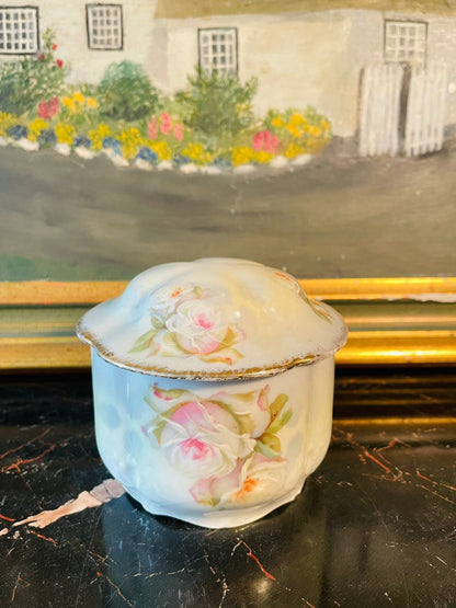 Vintage Porcelain Trinket Jar with Lid – Hand-Painted Pink Roses – 3.5 Inches