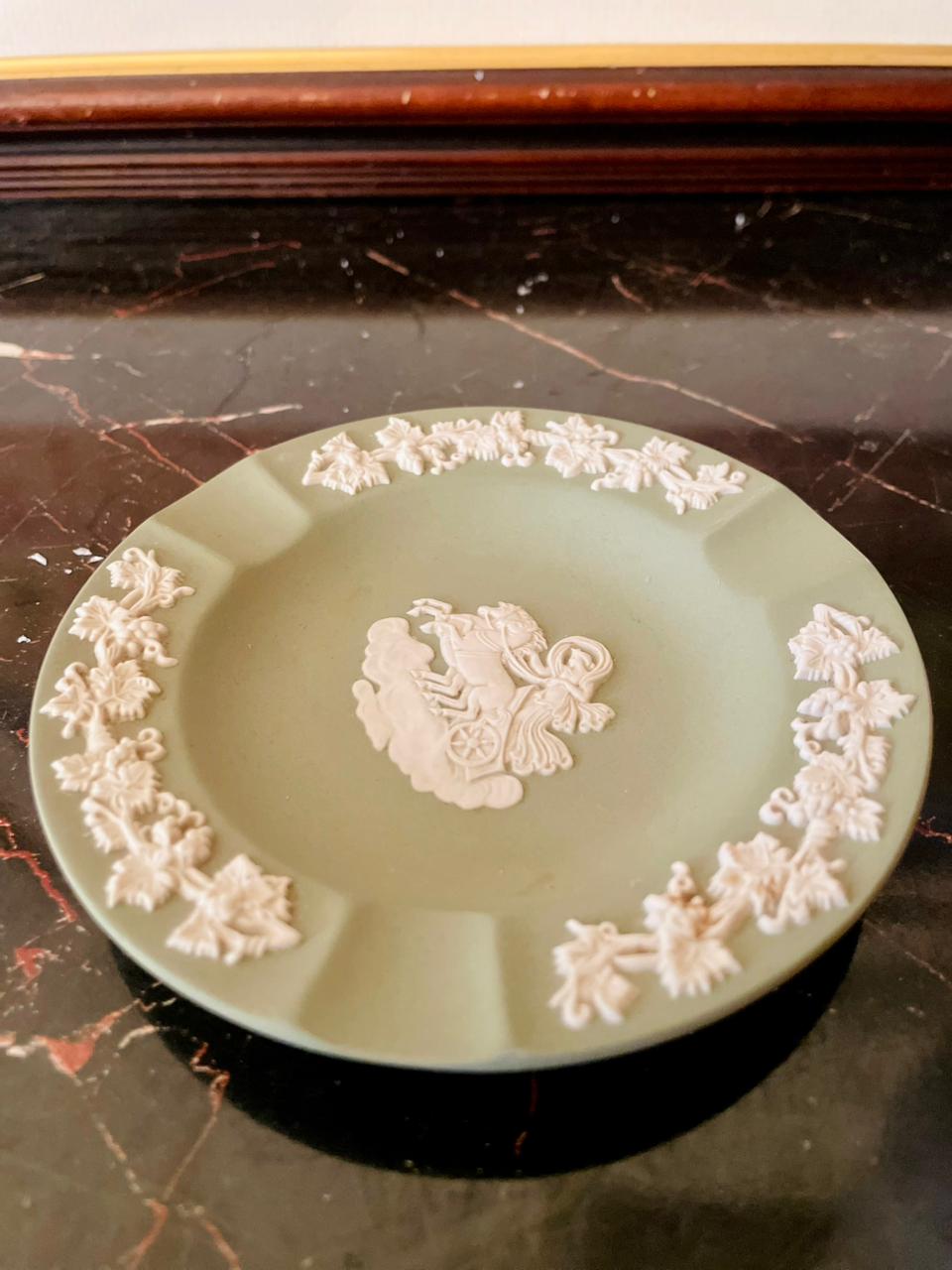 Vintage Wedgwood Jasperware Green Ashtray / Trinket Dish with White Relief – England