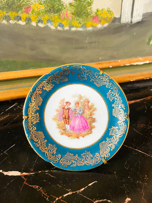 limoges france plate, french porcelain collectible, miniature display plate, rococo romantic decor, gold gilt vintage plate, french art pottery, european thrift find, royal blue porcelain, limoges wall plate, sunset kitchen vintage