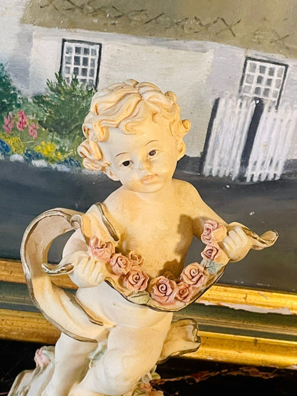 Vintage Porcelain Cherub Figurine with Pink Rose Garland
