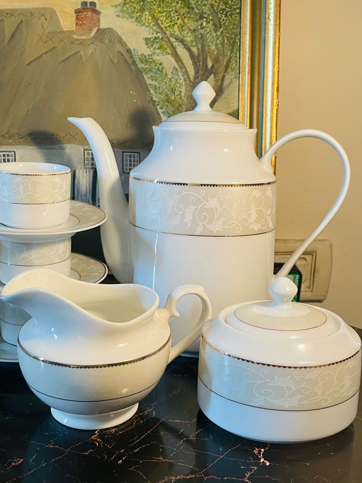 6 Persons Coffee Set, Fine Porcelain Coffee Set – 6 Cups, 6 Saucers, Coffee Pot, Sugar Pot & Creamer – World-Class Tableware