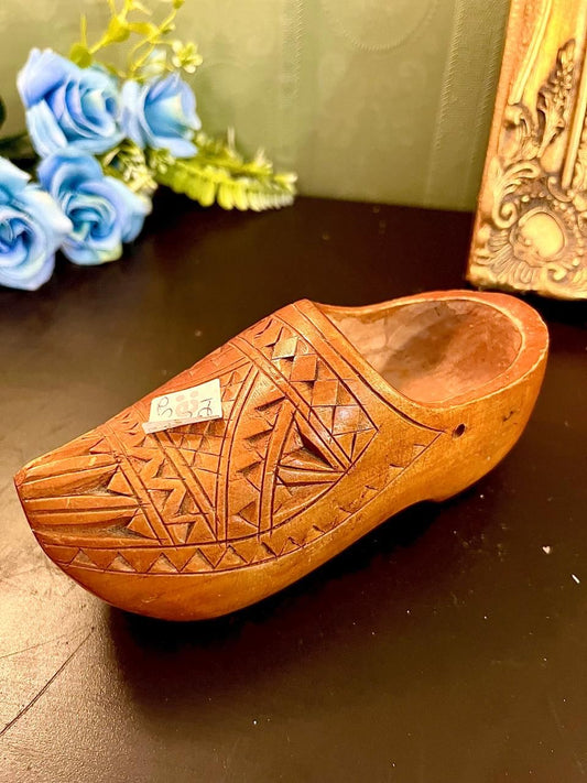 Vintage Hand Carved Wooden Clog Shoe Decor 6 Inch
