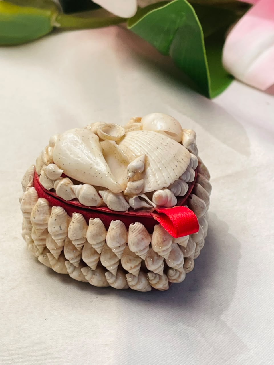 Heart-Shaped Seashell Trinket Box Red Velvet Interior Approx. 6 cm