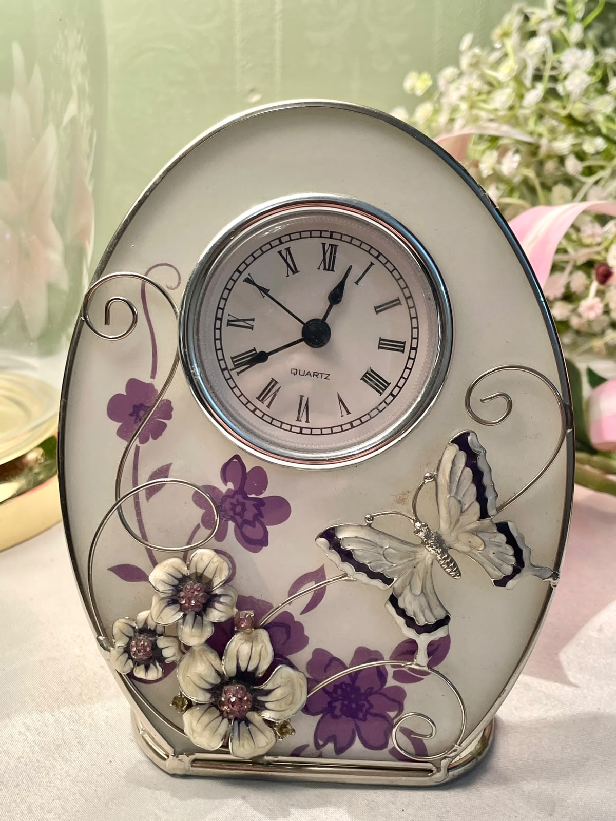 Floral Butterfly Decorative Mantel Clock Purple Silver 15cm