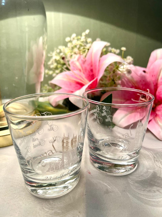 Vintage Etched Crystal Tumblers Pair Approx. 10 cm Tall