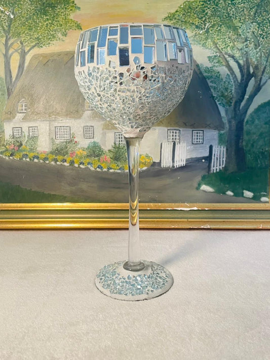 Silvery Goblet Mosaic Glass Candle Holder – Votive Wedding Decor | Elegant Table Cent