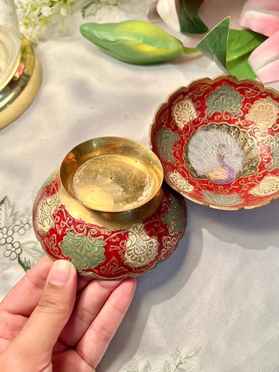 Red Peacock Brass Decorative Bowls – Set of 2, 4.5"