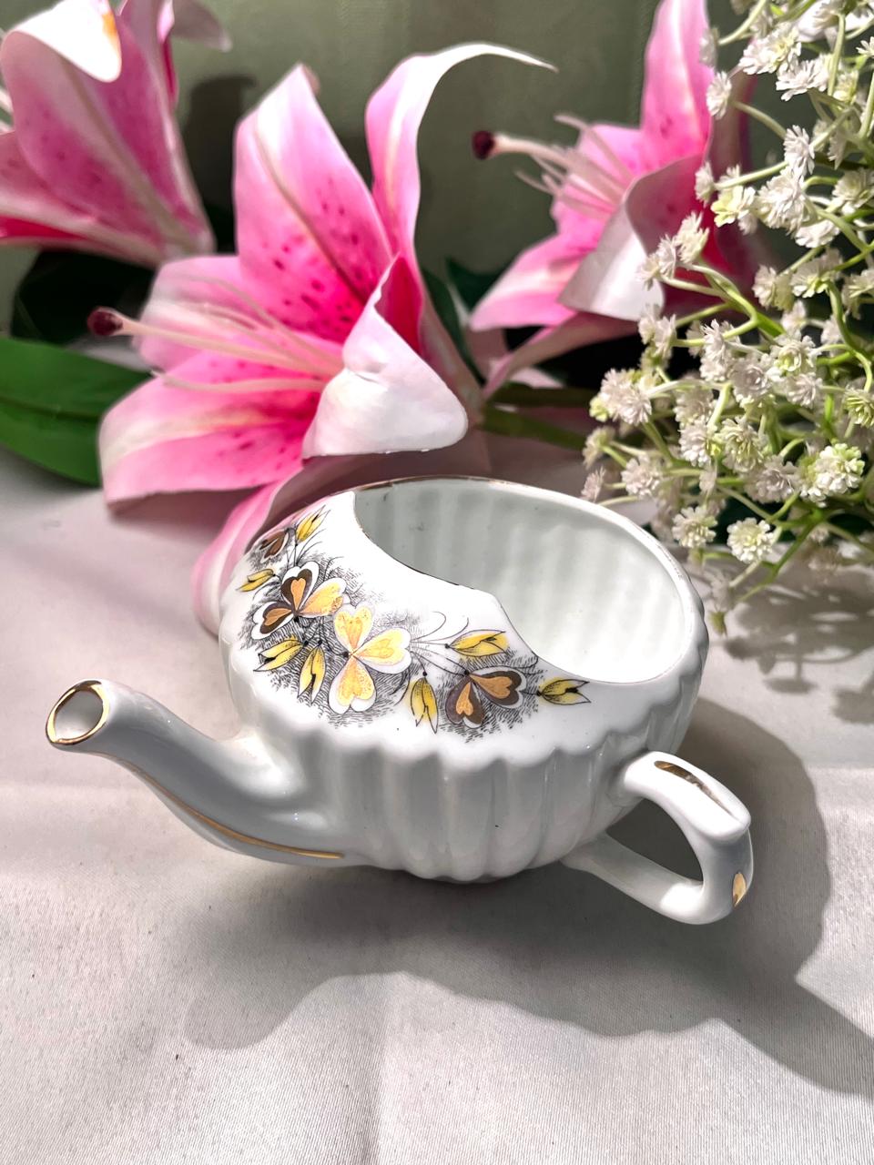 Floral Ceramic Moustache Gray Brown & Yellow 4 Inch