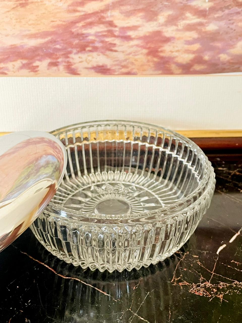 Vintage Cut Glass Bowl with Silver-Plated Lid – Elegant Storage Dish (England)