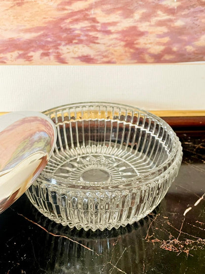 Vintage Cut Glass Bowl with Silver-Plated Lid – Elegant Storage Dish (England)