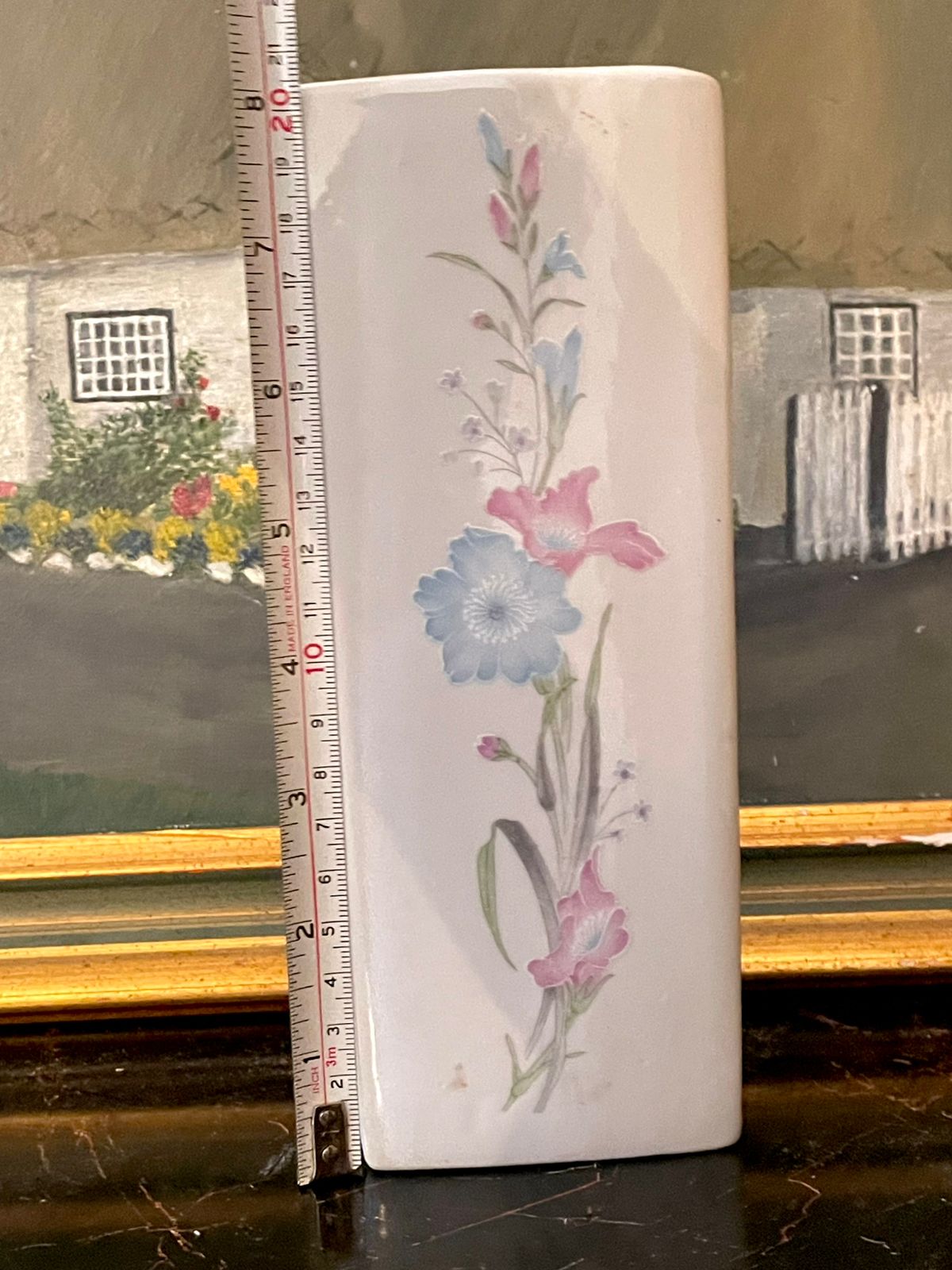 Vintage Wall hanging vase - Floral Rectangular Ceramic Vase – Pastel Pink & Blue Blossoms (England)