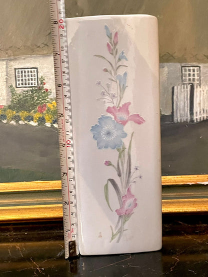 Vintage Wall hanging vase - Floral Rectangular Ceramic Vase – Pastel Pink & Blue Blossoms (England)
