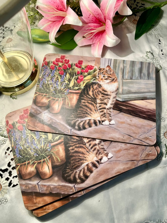 Vintage Cat & Tulip Placemats 6-Piece Set 12 in