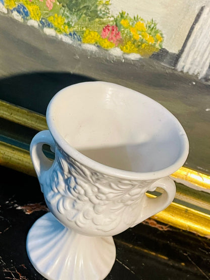 Vintage White Ceramic Urn Vase with Dual Handles – Grape & Leaf Relief Design