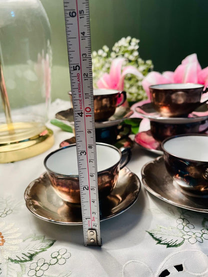 Vintage Silver Copper Lustre Coffee Cup & Saucer Set of 6