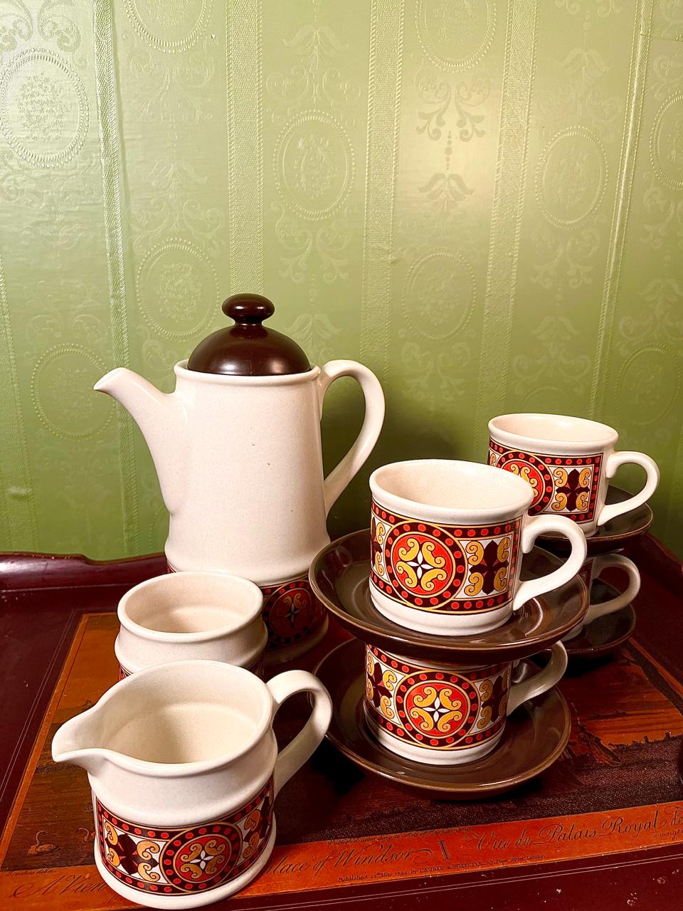 Vintage Stoneware Tea Set | 11 Pieces | Retro Geometric Pattern