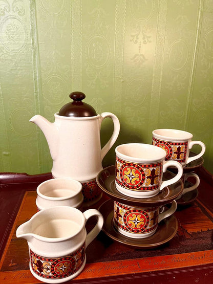Vintage Stoneware Tea Set | 11 Pieces | Retro Geometric Pattern