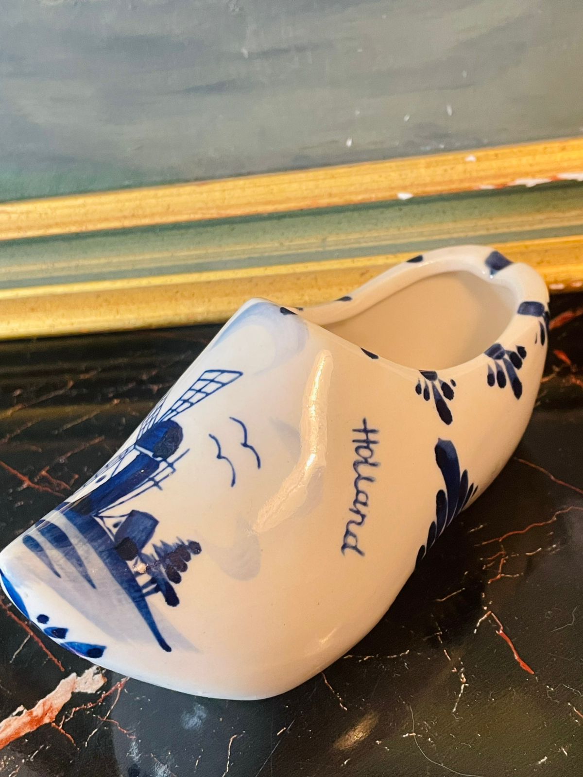 🩵 Hand-Painted Delft Blue Ceramic Clog – Holland Windmill Design
