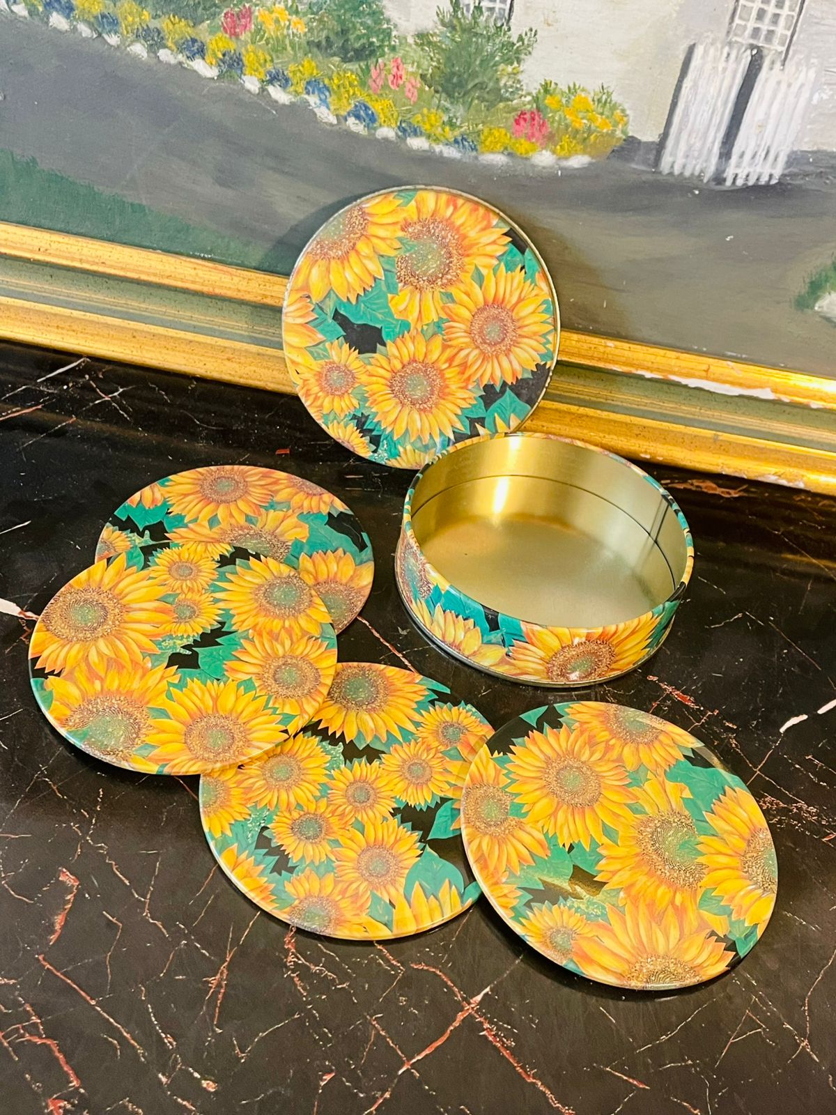 Vintage Sunflower Tin Coaster Set (6 Pieces with Matching Storage Tin)