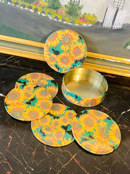 Vintage Sunflower Tin Coaster Set (6 Pieces with Matching Storage Tin)