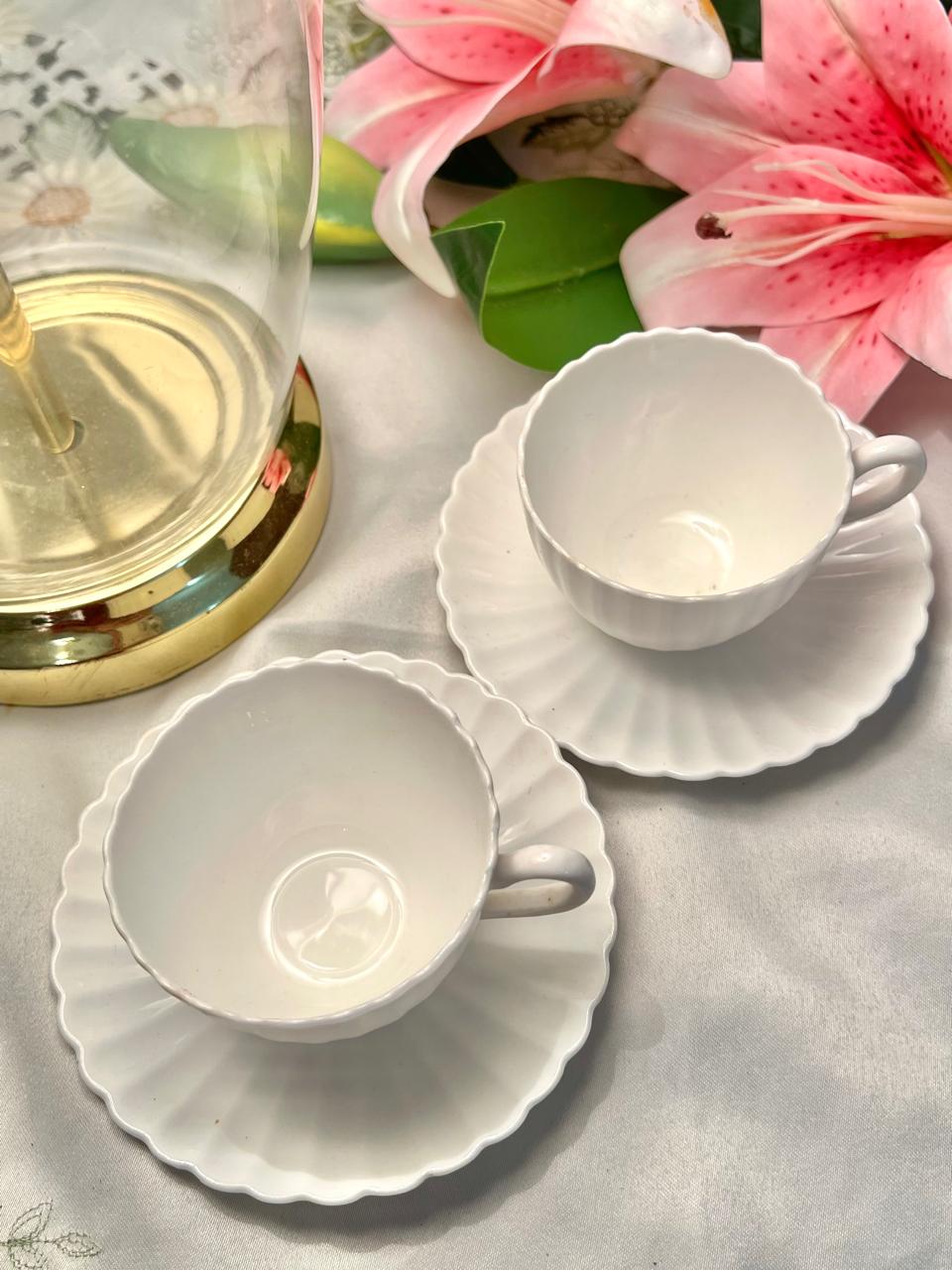 White Scalloped Ceramic Tea Cups & Saucers – Set of 4
